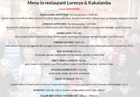 Restaurant – Lorenzo & Kakalamba - Pricelist
